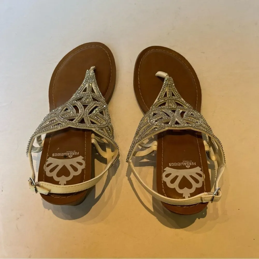 Fergalicious Women's White/Silver Thong Sandals Sparkly Size 7.5M Strappy